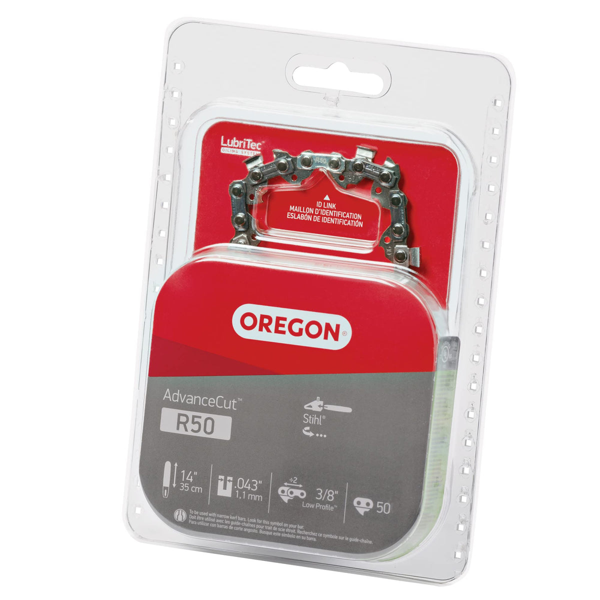 Oregon R50 AdvanceCut 14inch chain on a bar ready for efficient cutting