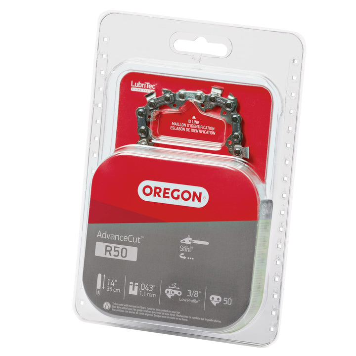 Oregon R50 AdvanceCut 14inch chain on a bar ready for efficient cutting