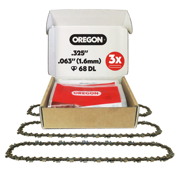 Oregon V68 PowerCut chain close-up on 18-inch bar for precise cuts