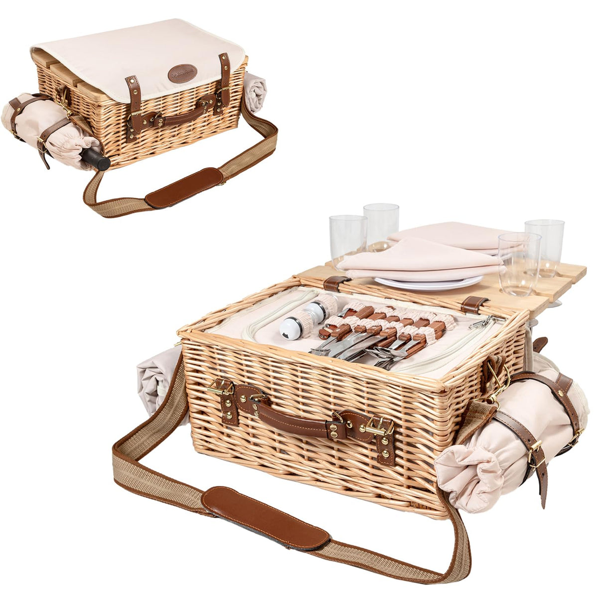 OrgaNatureQueen wicker picnic basket for four with insulated compartment keeps meals fresh