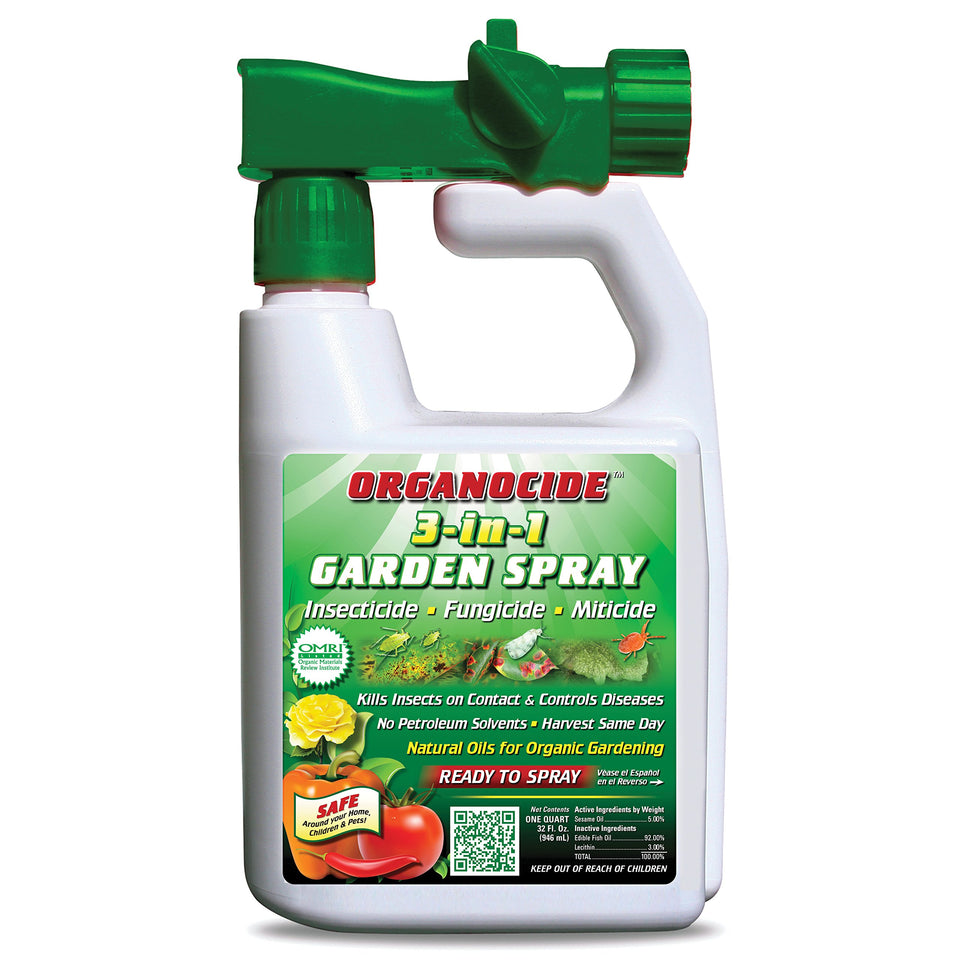 Organocide 3-in-1 garden spray bottle for pest control and fungal protection indoors and outdoors