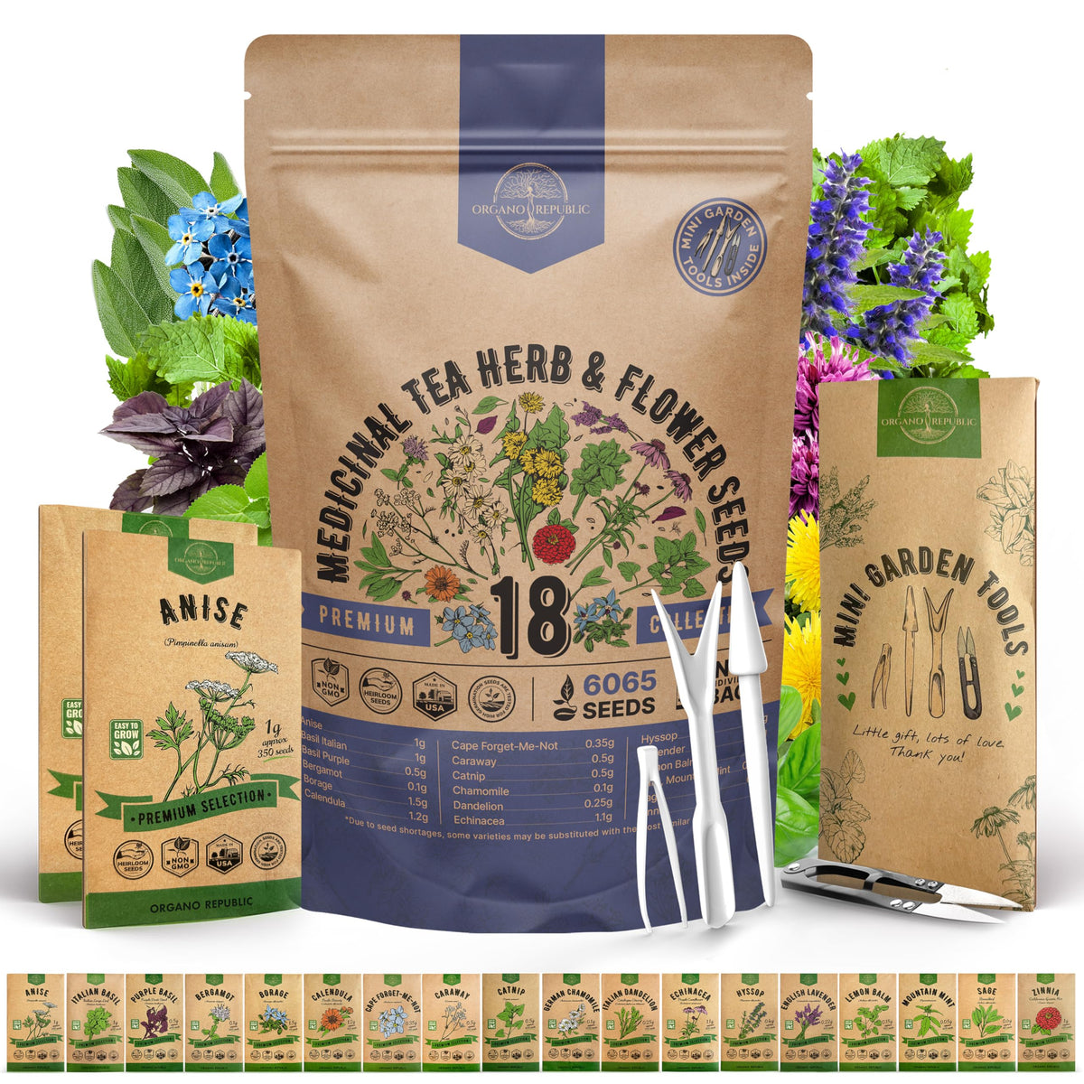 Organo Republic 18-seed pack cover for home herb gardening.