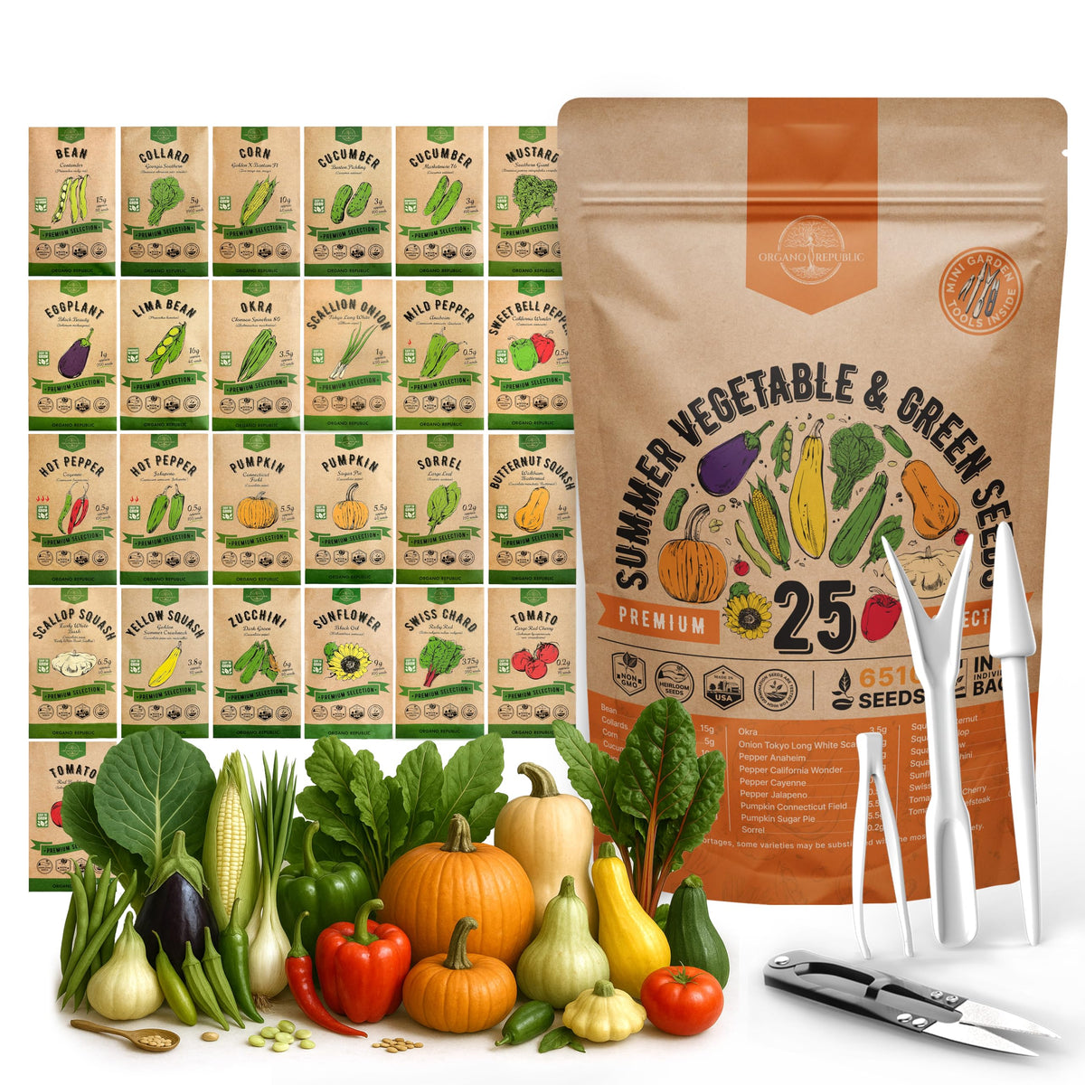 Organo Republic 25-seed pack overview for diverse home garden crops.