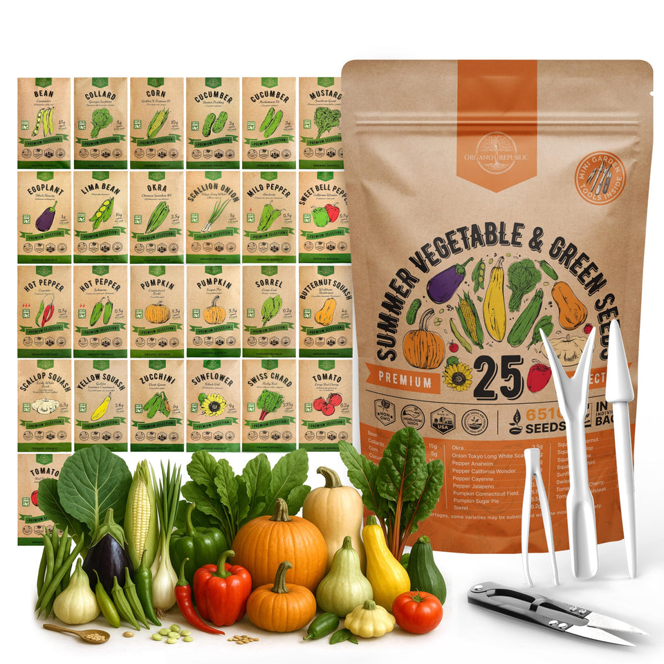 Organo Republic 25-seed pack overview for diverse home garden crops.