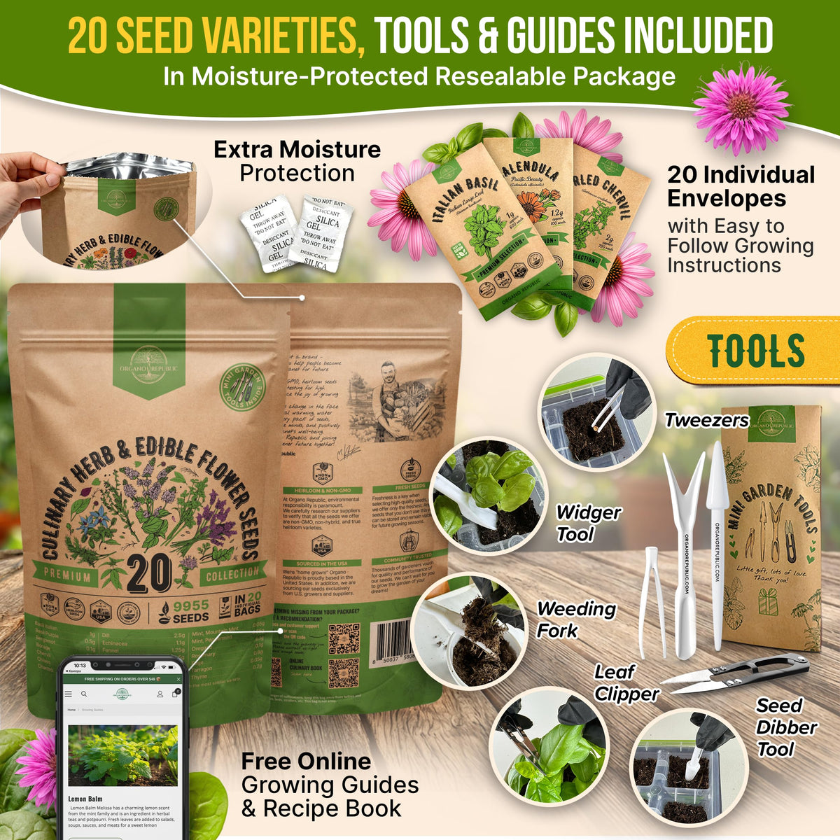 Organo Republic garden tools included to help beginners start with easy seed handling.