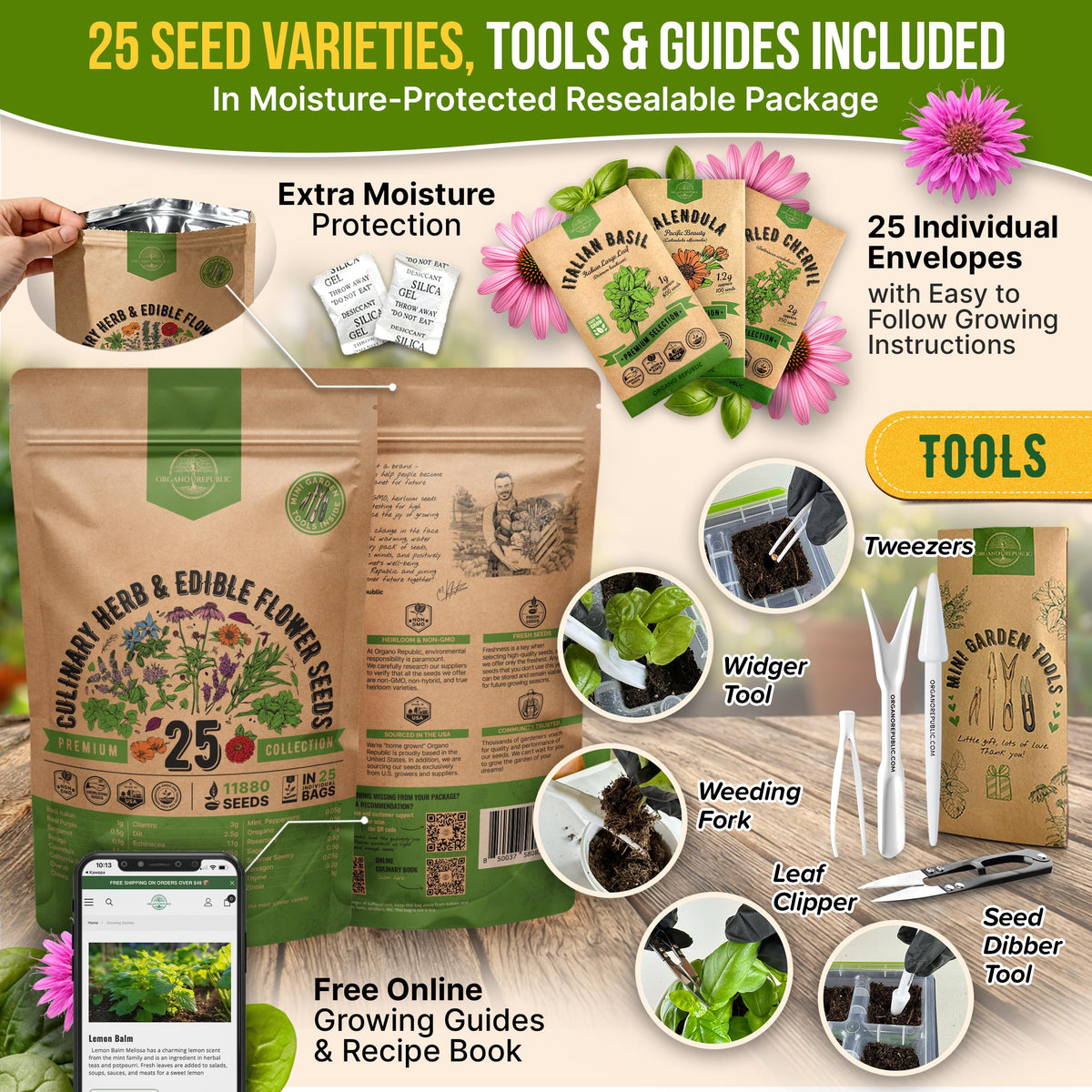 Organo Republic gardening tools included simplify indoor and outdoor seed starting.