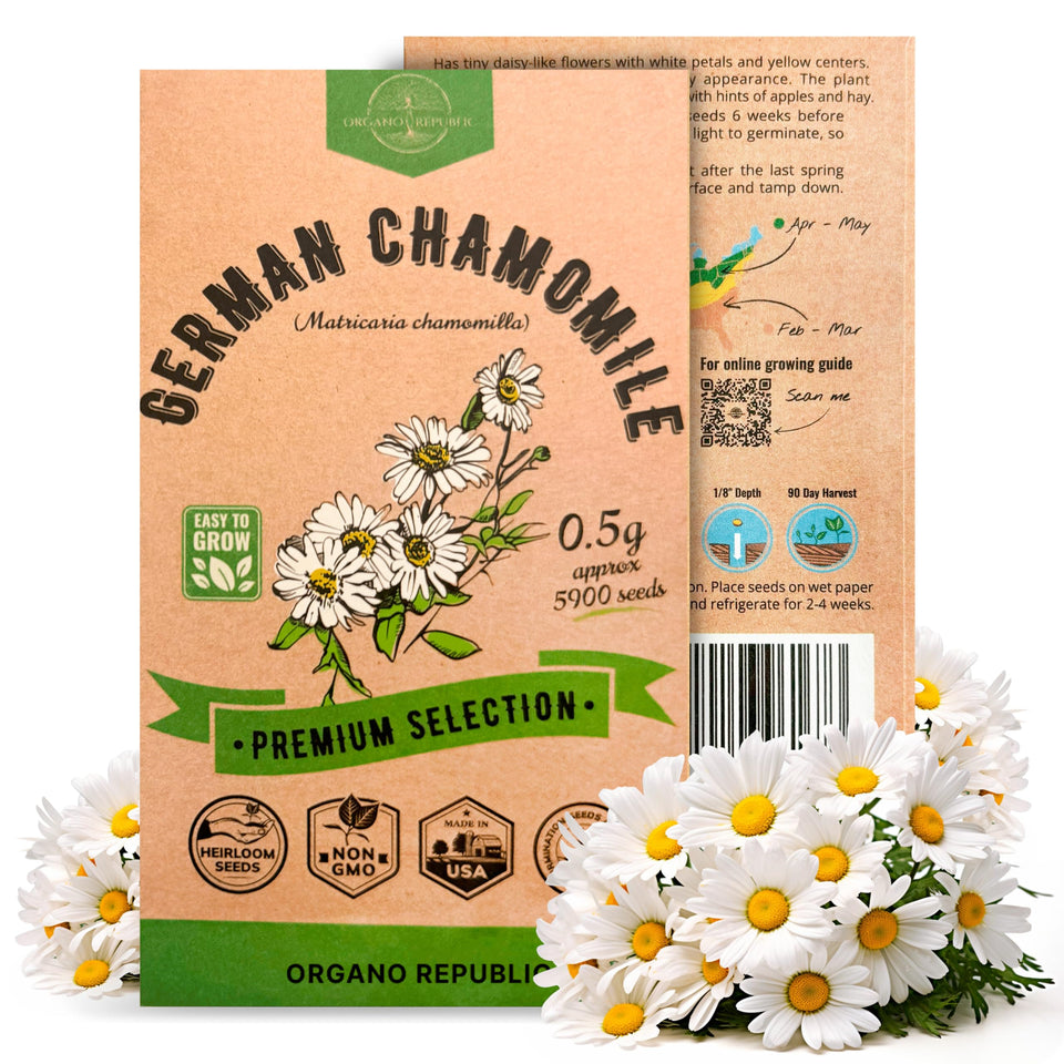 Organo Republic chamomile seeds pack front for easy storage and ready planting.