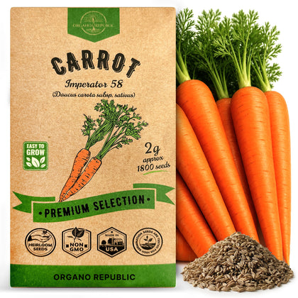 Organo Republic Imperator 58 carrot seeds pack front view, ready for home planting.
