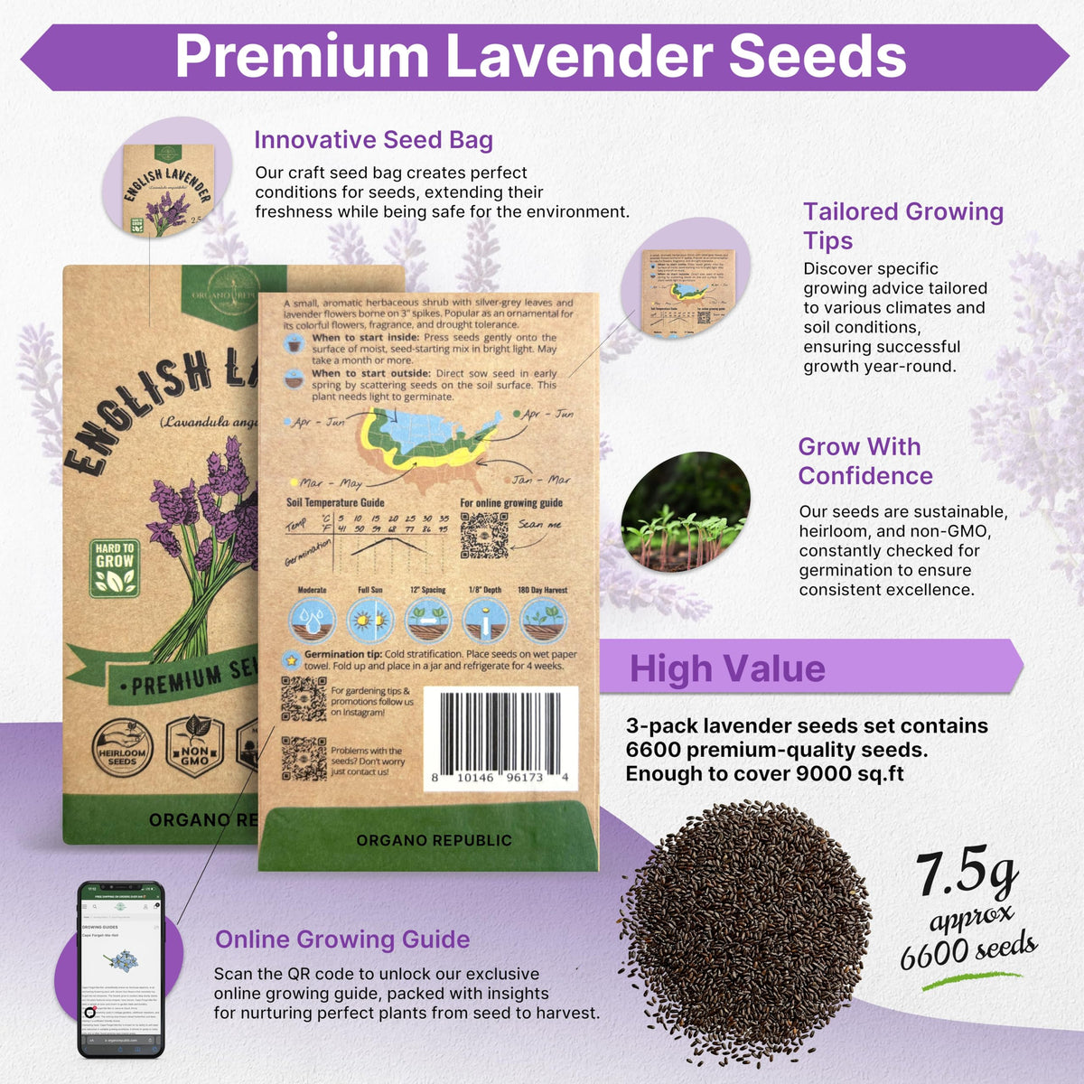 Organo Republic lavender seeds bag and label ready for planting