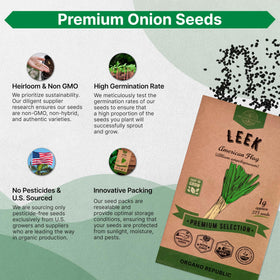 Organo Republic Onion Leek Seeds Pack resting near a garden bed with sprouts.