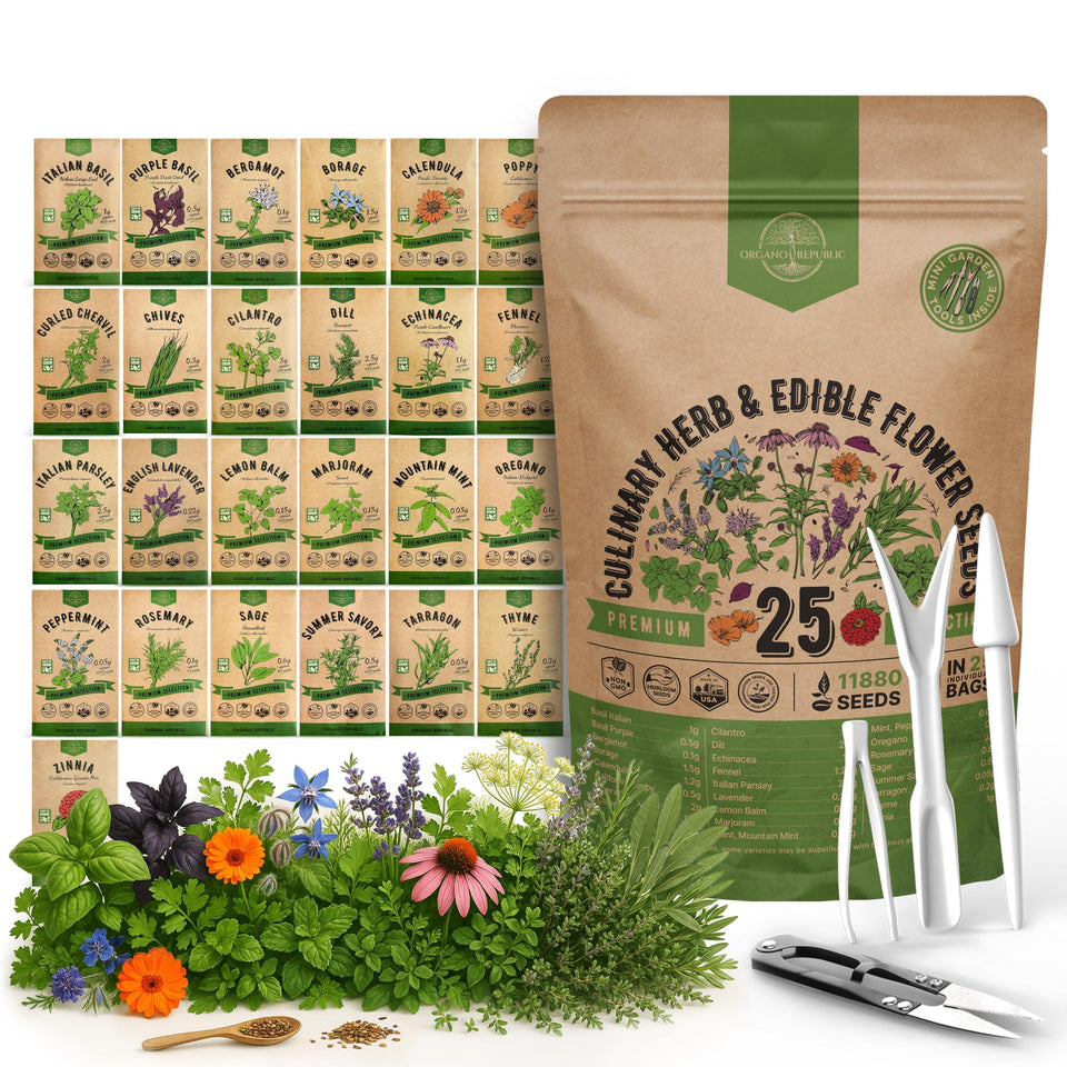 Organo Republic seed-packaging inside view shows a versatile herb and edible flower kit.