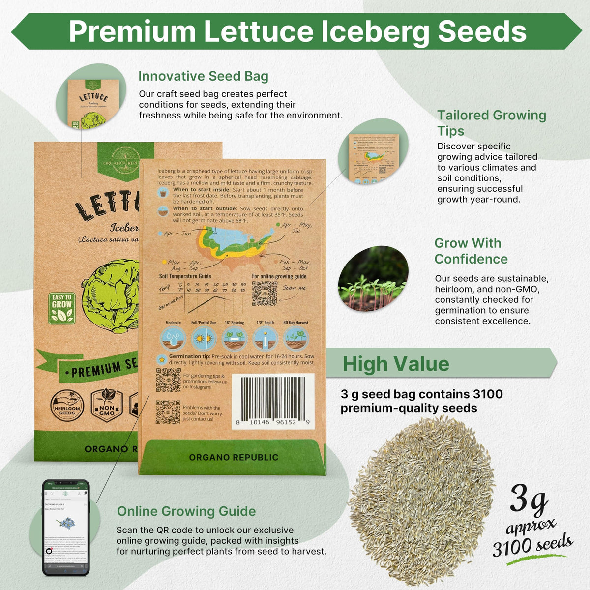 Organo Republic seed packet inside shows abundant seeds for thriving greens garden