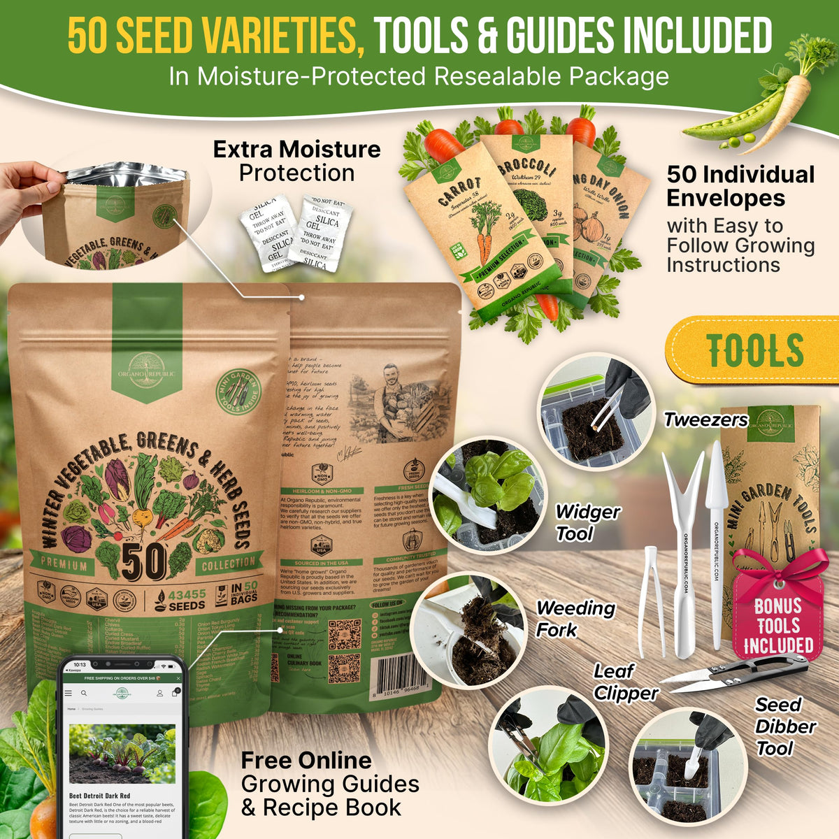 Organo Republic seed packet kit with essential tools for easy planting