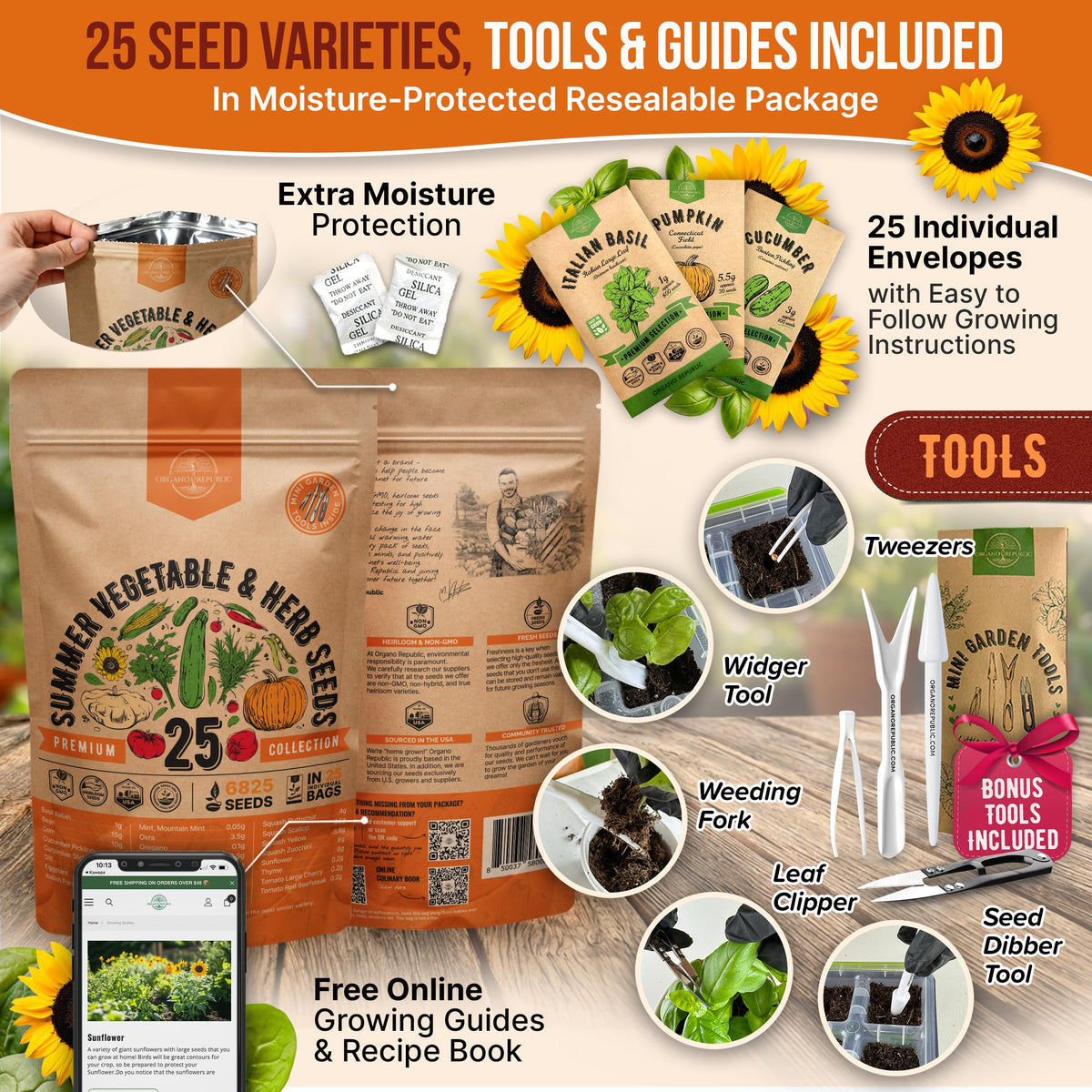 Organo Republic seed packets with QR guides for growing tips.