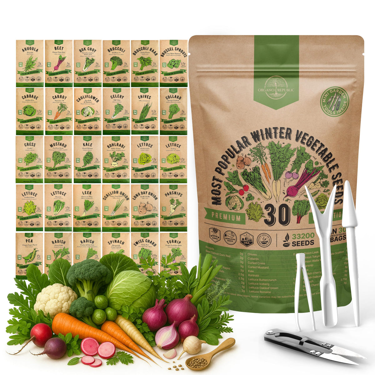 Organo Republic winter seeds pack front with 30 heirloom varieties for year round gardening.