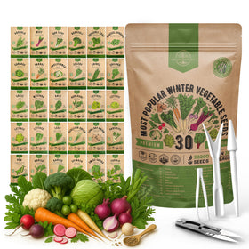 Organo Republic winter seeds pack front with 30 heirloom varieties for year round gardening.