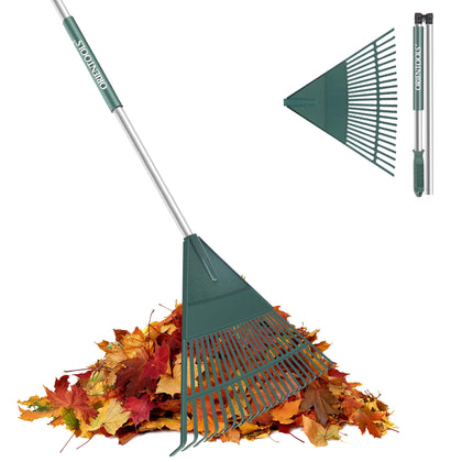 ORIENTOOLS 69-inch adjustable leaf rake in use, showcasing the long reach and broad sweep