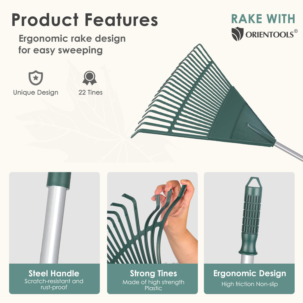 ORIENTOOLS dual-use rake converting to leaf scoops for quick debris pickup