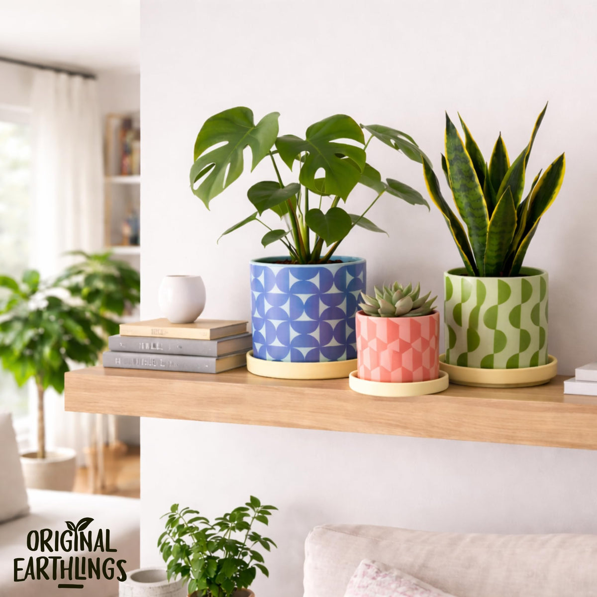 Original Earthlings ceramic planter featuring cube motif adds modern charm.