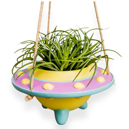 Original Earthlings UFO hanging plant pot adds whimsy to indoor spaces for small plants