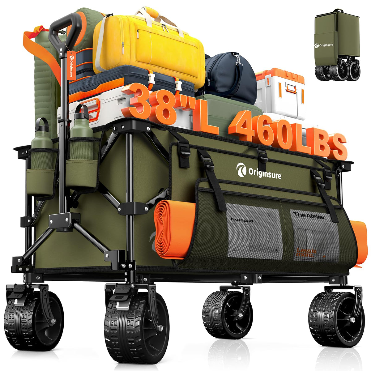 Originsure 220L foldable wagon unfolded showing spacious cargo for groceries and gear.