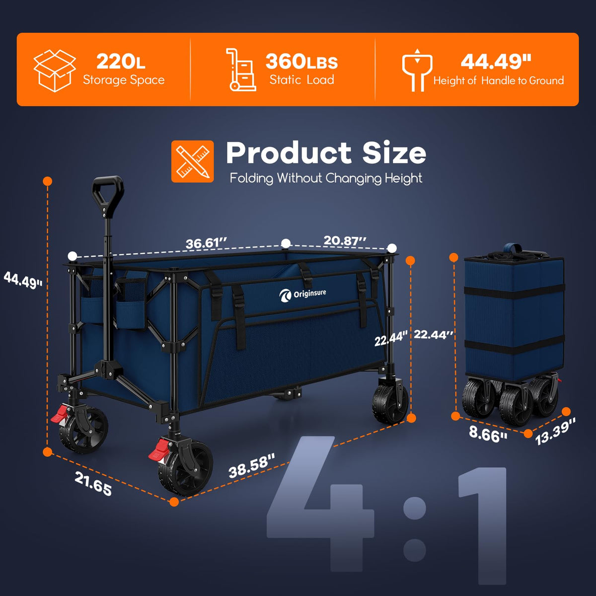 Originsure all-terrain wheels deliver smooth rolling on grass and sand.