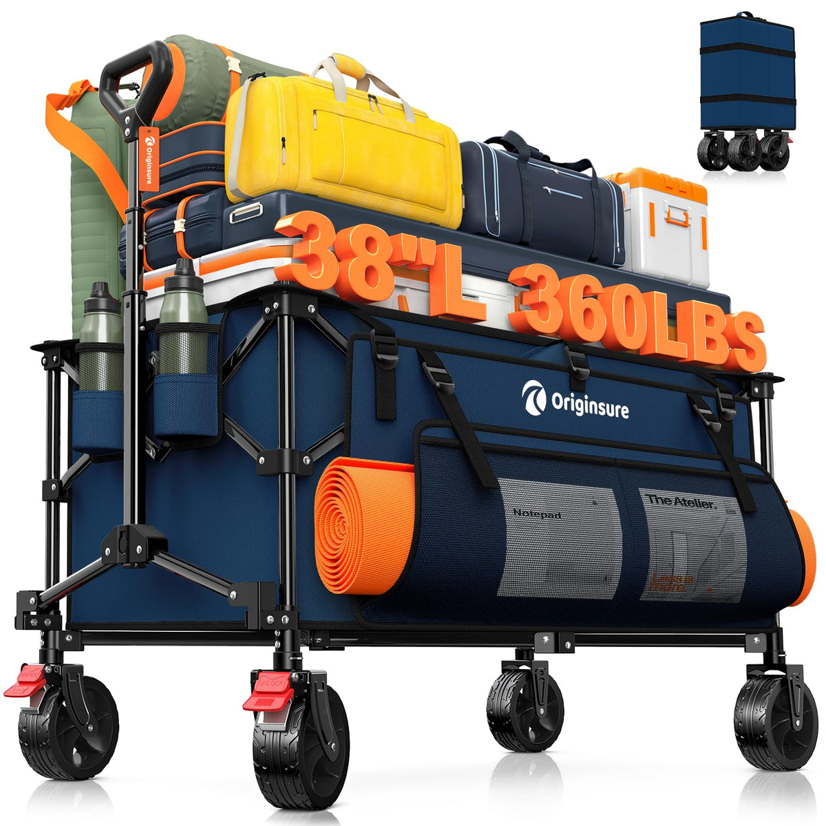Originsure foldable wagon unfolded, 38-inch length for easy transport of gear.