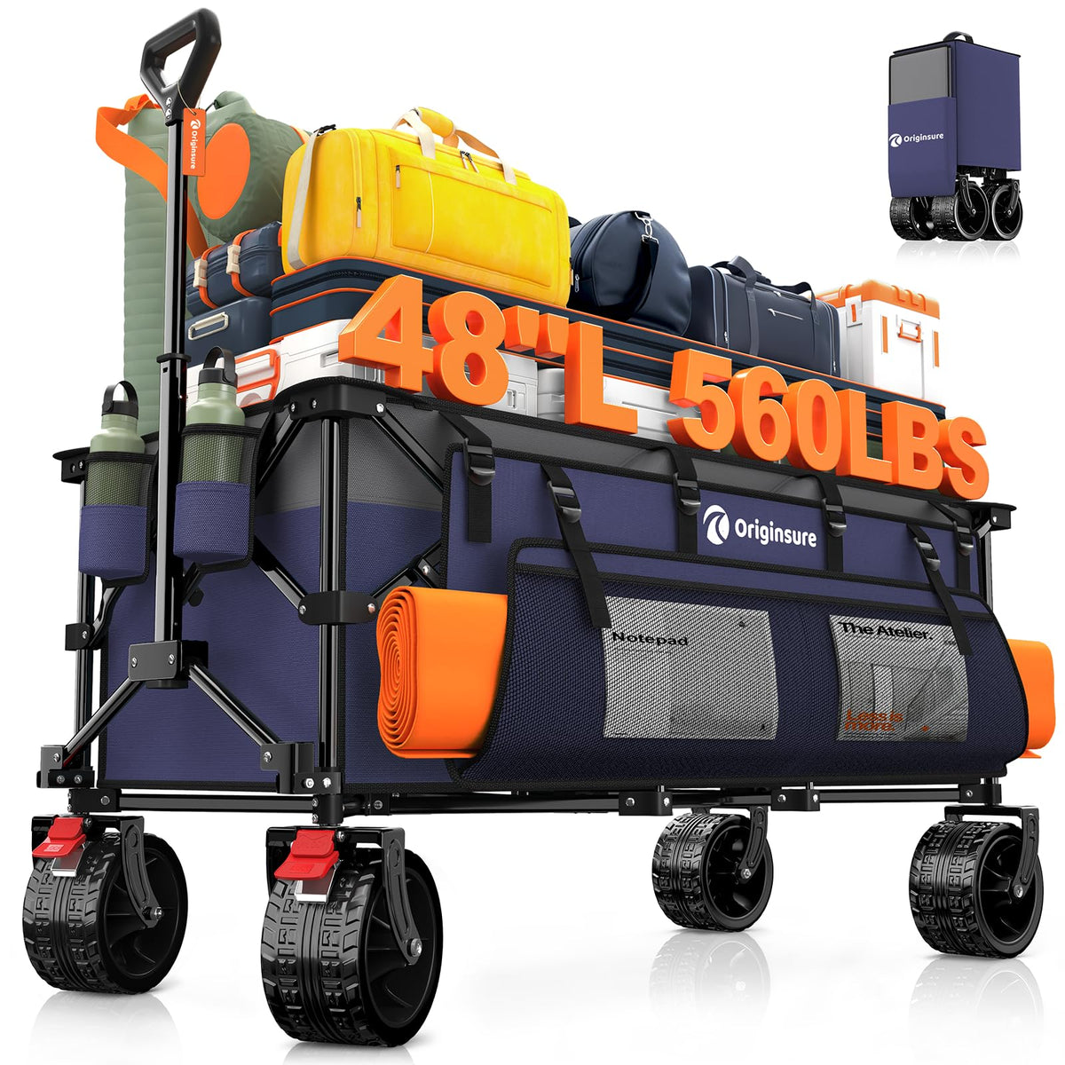 Originsure foldable wagon fully open showing 300L capacity for groceries and gear.