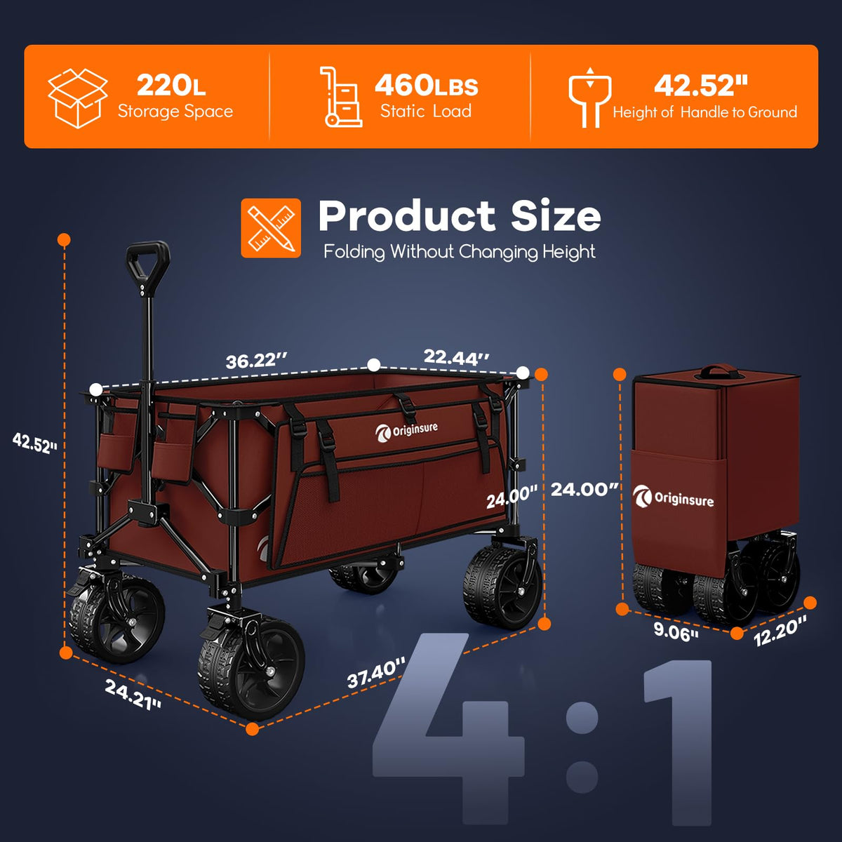 Originsure folded wagon demonstrates compact storage fit in car trunk.