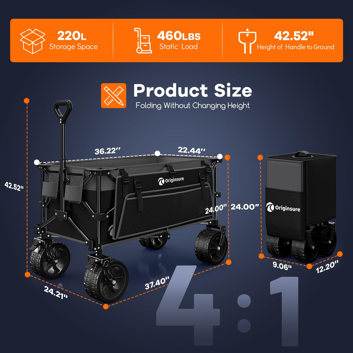 Originsure front 360-degree braked wheels ensure stable stopping on slopes.