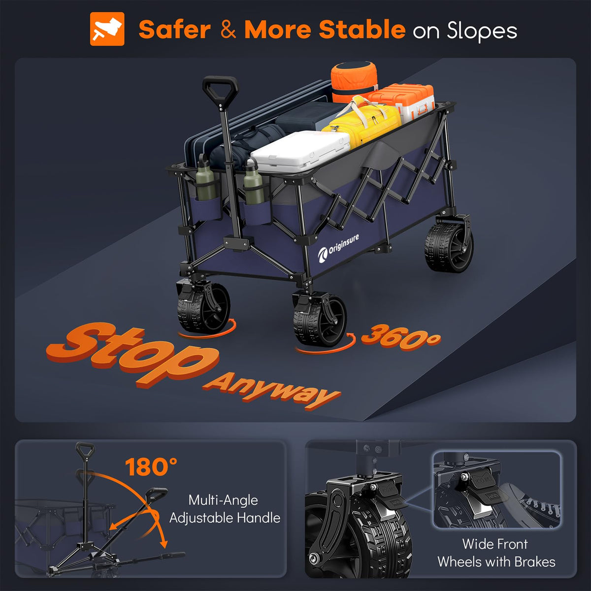Originsure wagon includes side pocket, cup holders, and storage cover.