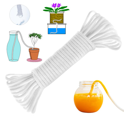 ORIMERC 100ft wicking rope in water container enables hands-free irrigation.