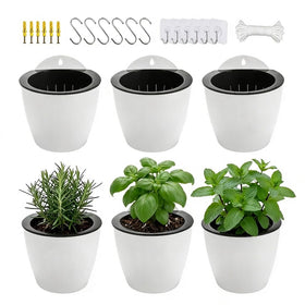 ORIMERC white self-watering hanging planter shows a compact indoor herb setup.