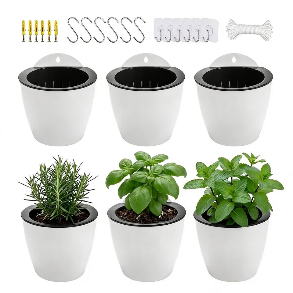 ORIMERC white self-watering hanging planter shows a compact indoor herb setup.