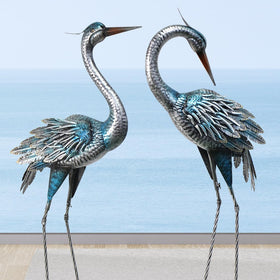 Oritty blue heron garden statue pair for outdoor display with durable metal finish.