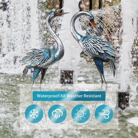 Oritty blue heron sculptures withstand weather for year-round display.