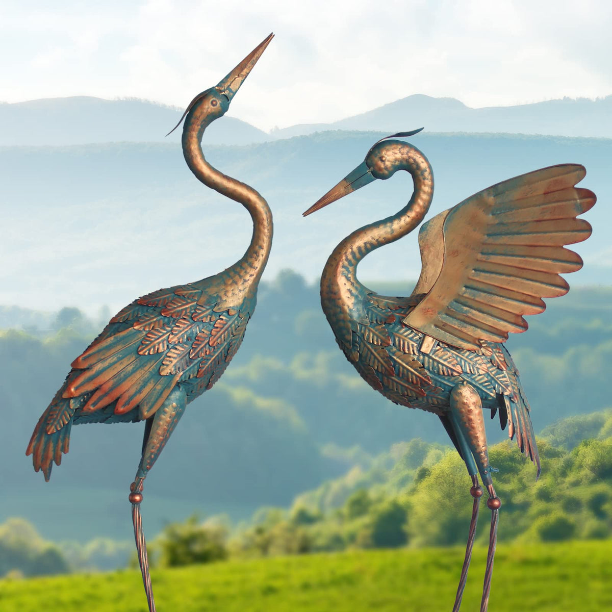 Oritty copper cranes stay vibrant with weather-resistant materials.