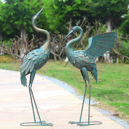 Oritty crane garden statue in cyan with wing-spread pose for outdoor decor