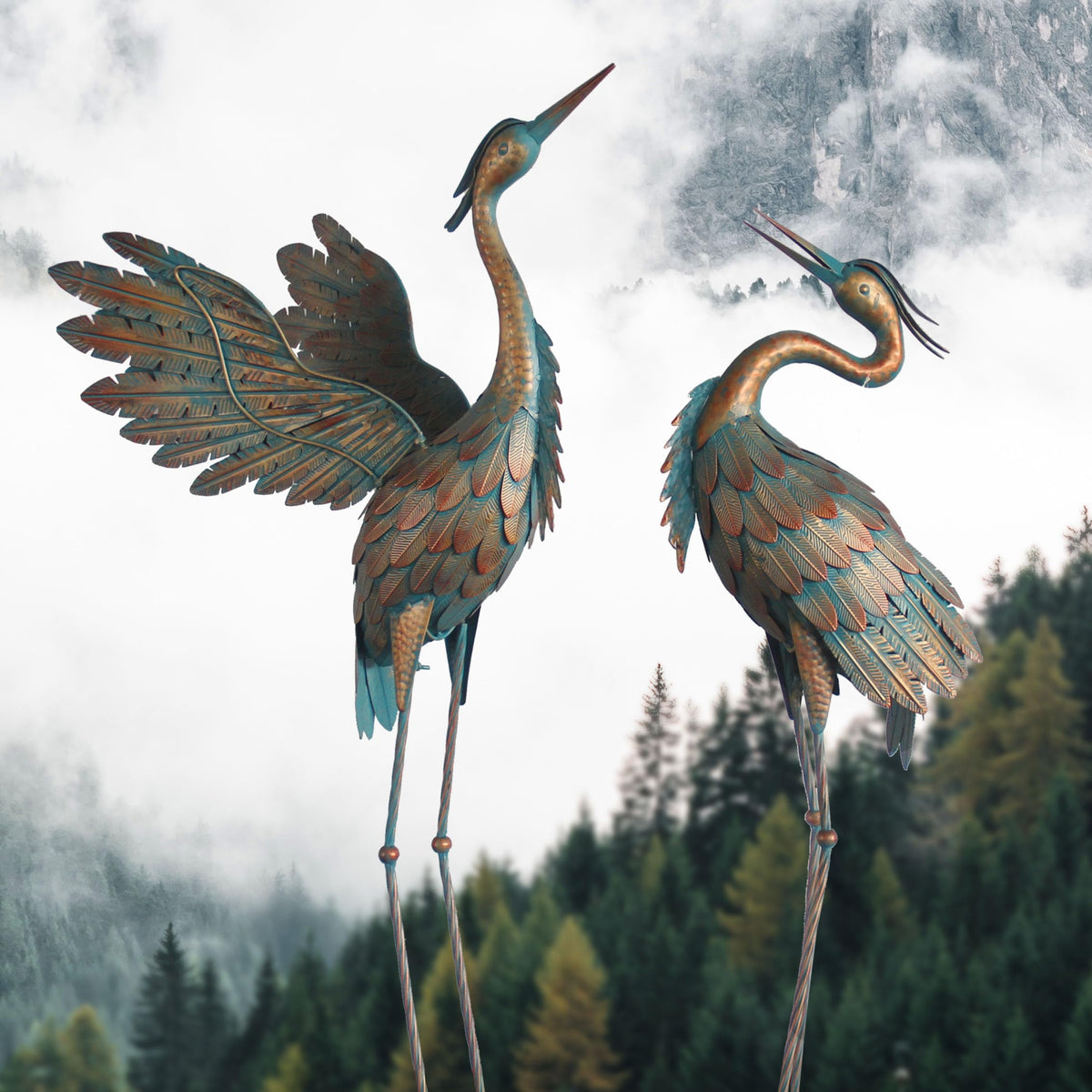 Oritty metal crane pond decor copper finish withstands outdoors.