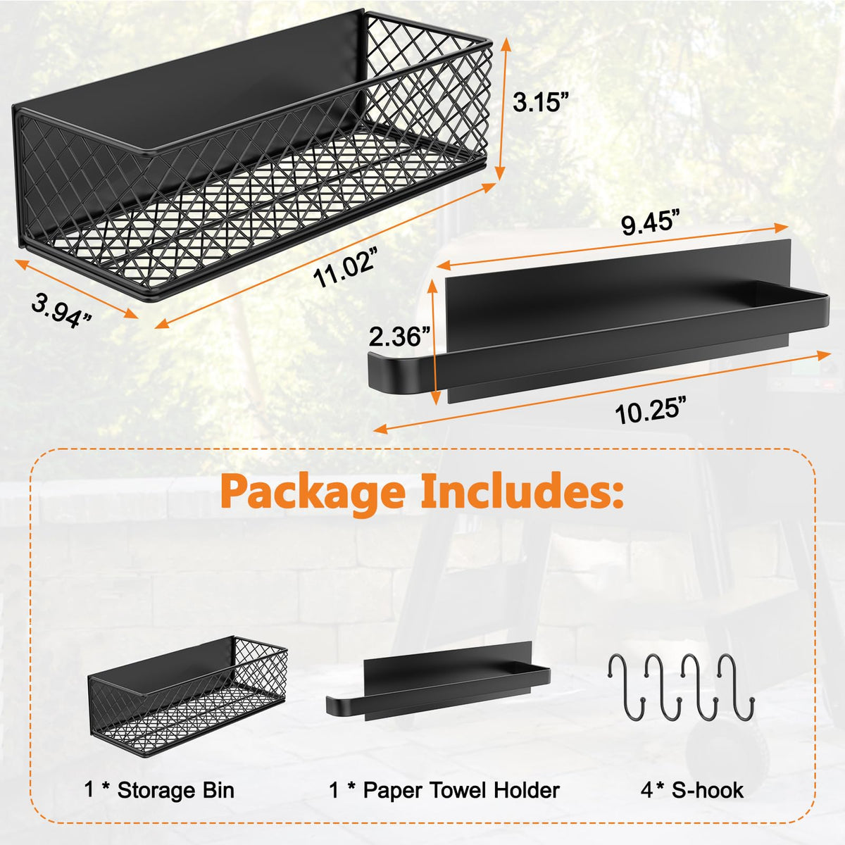 Ormeli grill accessories storage bin with built-in hooks for tools.