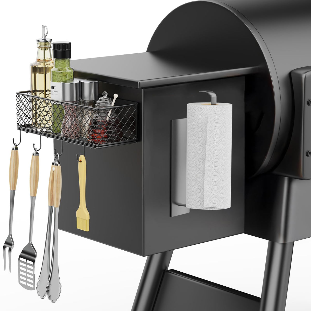 Ormeli magnetic storage bin on Traeger hopper provides secure, hands-free organization.