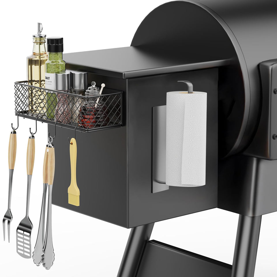 Ormeli magnetic storage bin on Traeger hopper provides secure, hands-free organization.