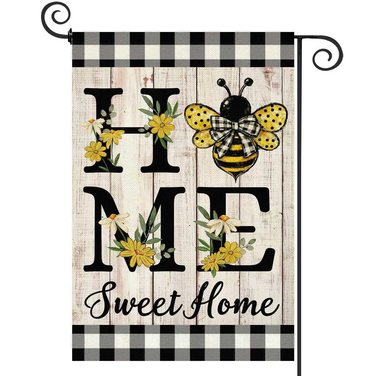 ORTIGIA Home Sweet Home Bee flag in burlap; durable, double sided for outdoor displays.