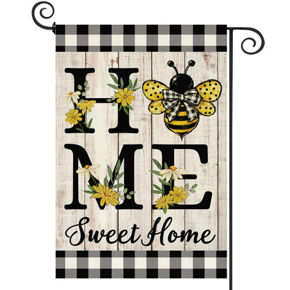 ORTIGIA Home Sweet Home Bee flag in burlap; durable, double sided for outdoor displays.