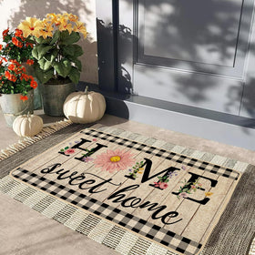 ORTIGIA Home Sweet Home doormat shows 17x29 size for standard doors.