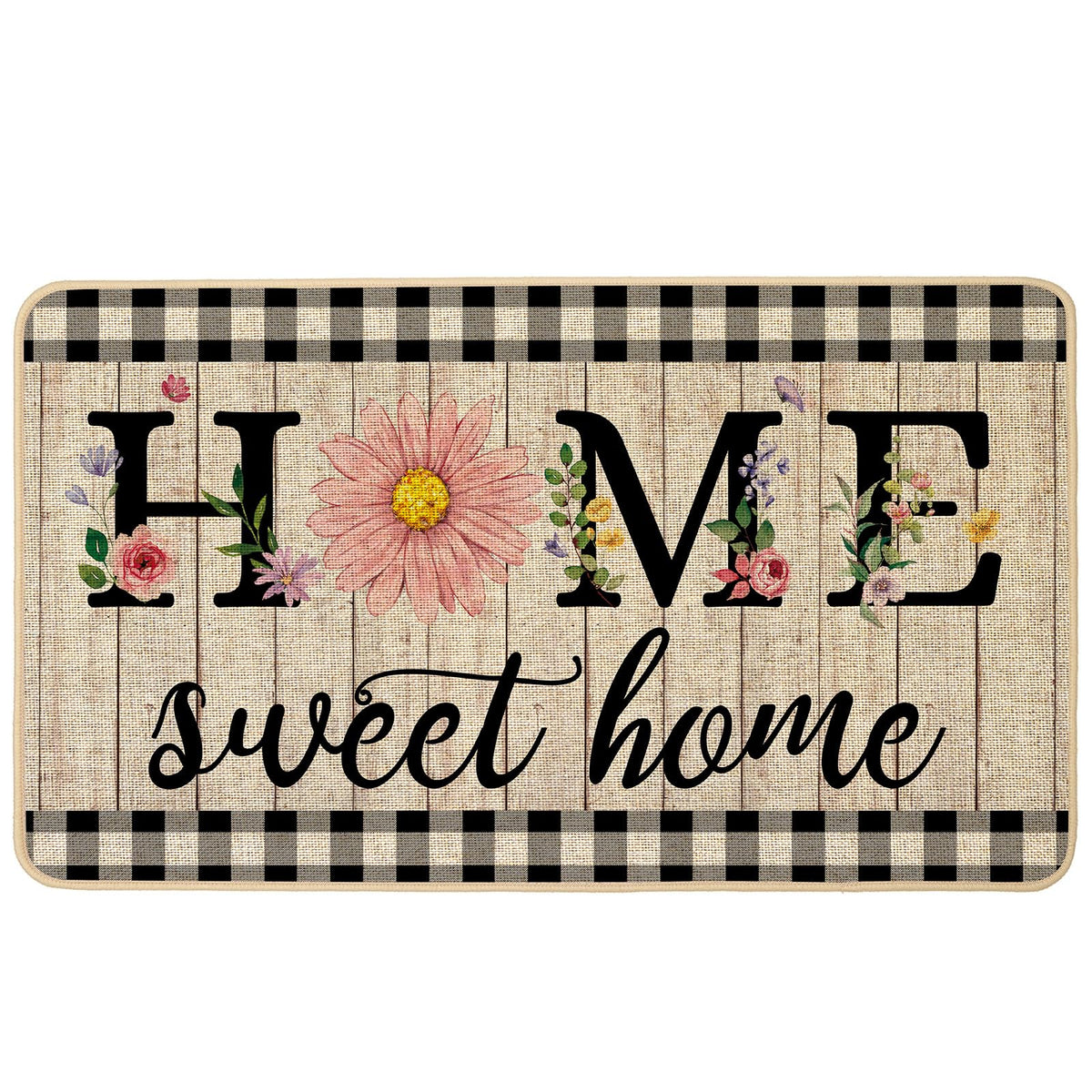 ORTIGIA Home Sweet Home doormat with pink daisy design and non-slip backing.