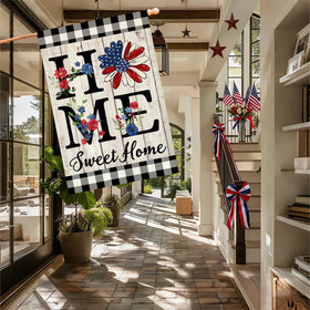 ORTIGIA patriotic house flag double-sided burlap visible from both sides.
