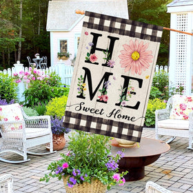 ORTIGIA weather-resistant burlap flag ready for outdoor use.