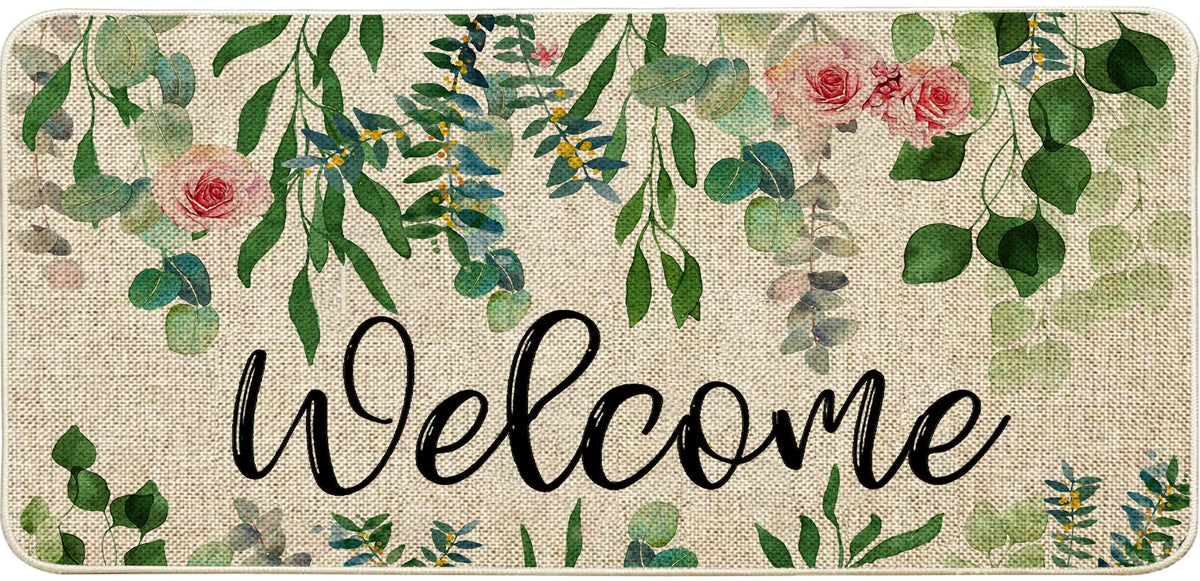 ORTIGIA Welcome Outdoor Doormat front view highlighting inviting entry with eucalyptus leaves