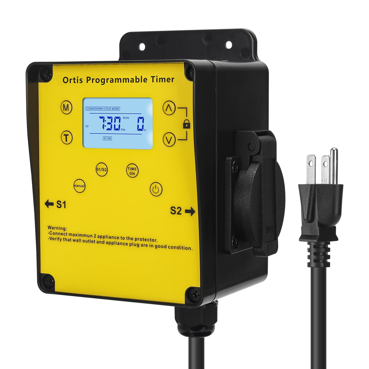 Ortis above-ground timer with dual outlets and waterproof covers for outdoor reliability.